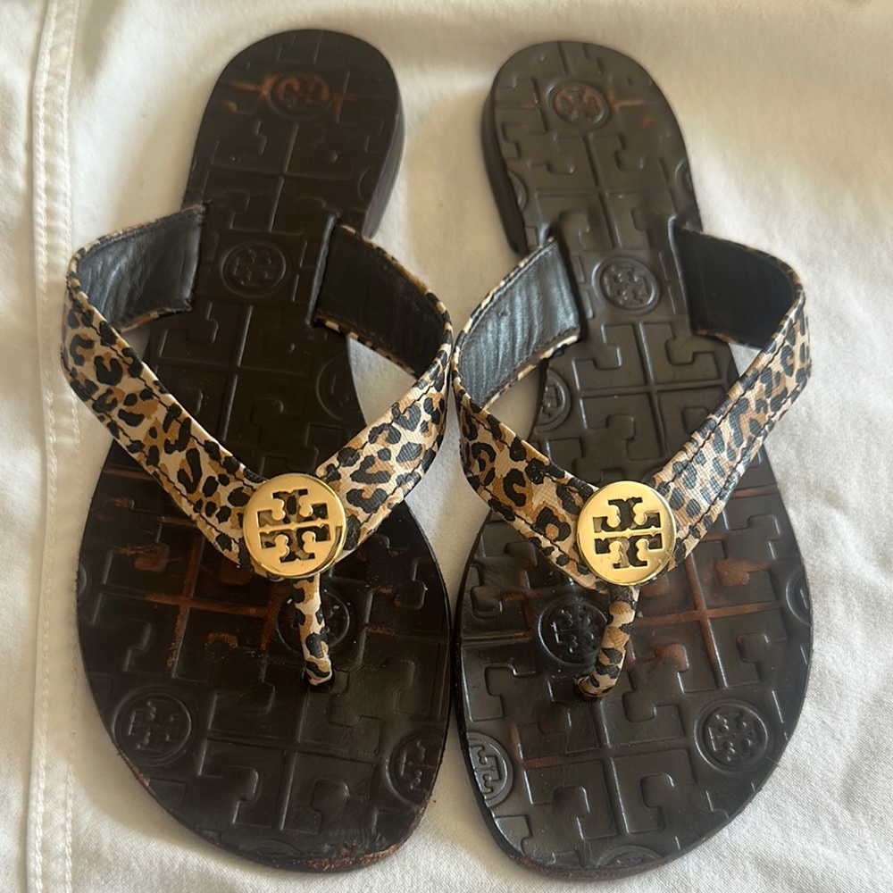 Tory Burch Leopard Print Flip Flops with Gold Emblem